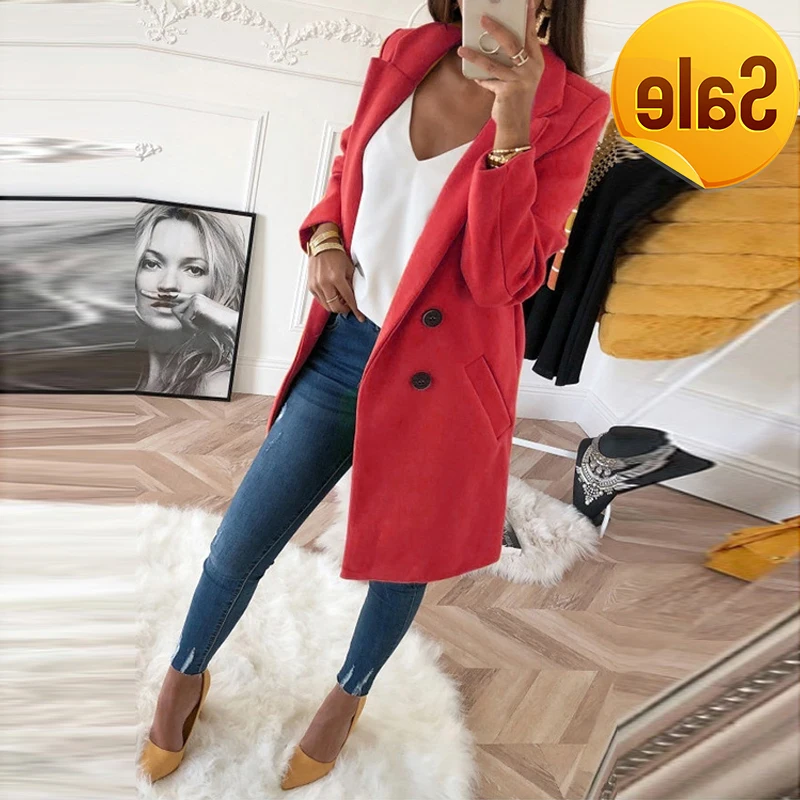 

Oversize Autumn Winter Casual Long Sleeve Outwear Jackets Coat Women Solid Color Size XXXL Woollen Blends Warm Coat