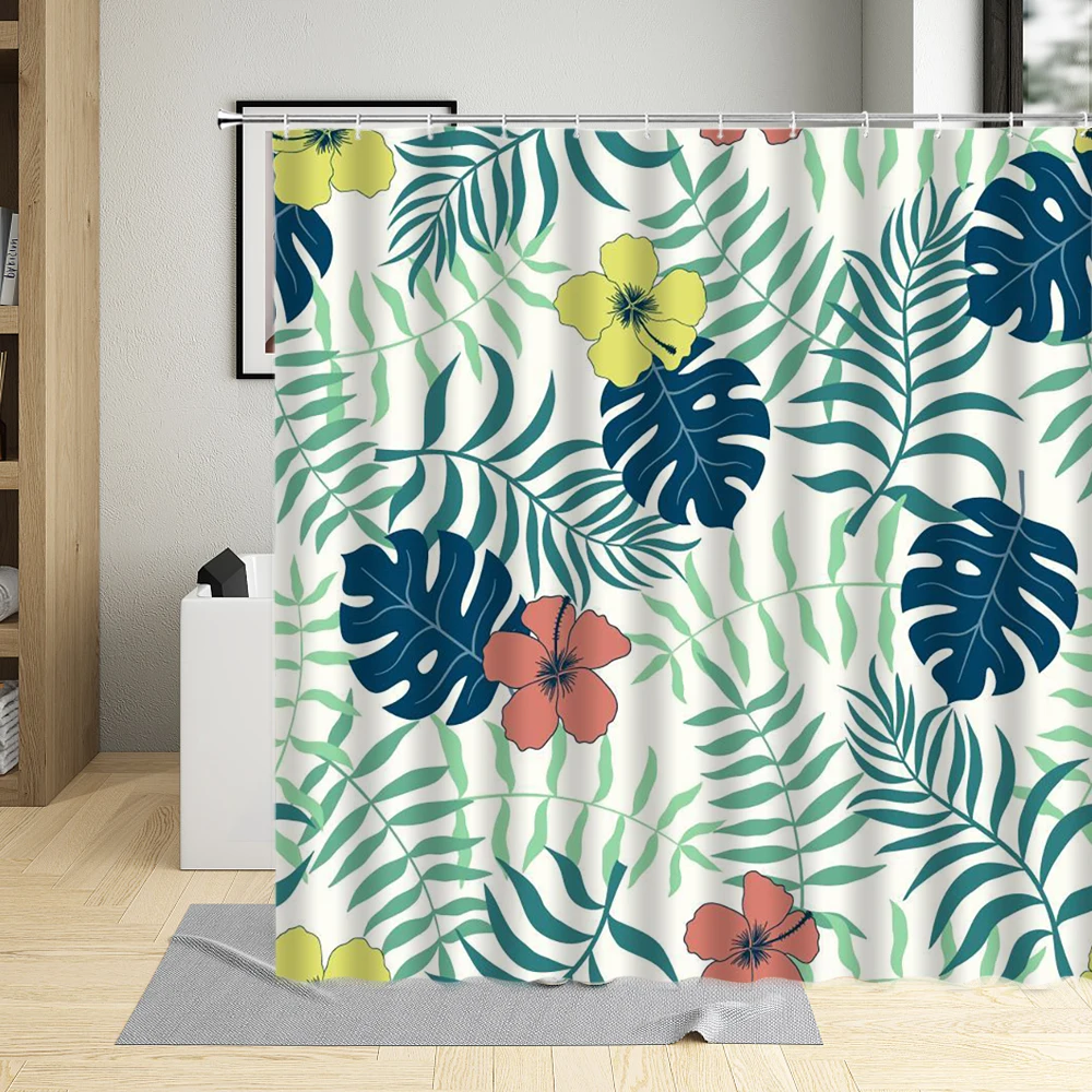 

Cartoons Tropical Green Plants Shower Curtain Monstera Palm Leaf Nature Pattern Curtains Waterproof Bathroom Decor With Hooks