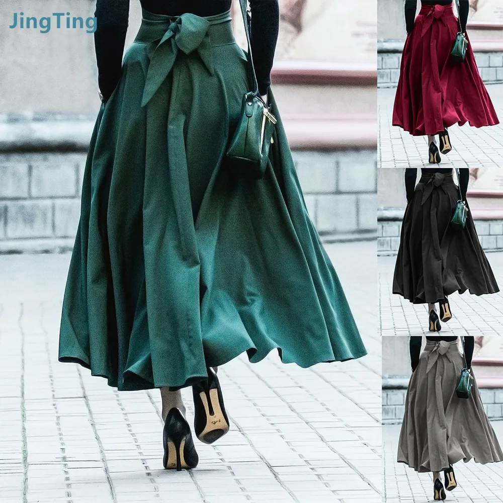 

Casual Women High Waist Solid Pleated Long Skirts 2021 Ladies Big Swing A-line Maxi Skirts Faldas Oversized Streetwears