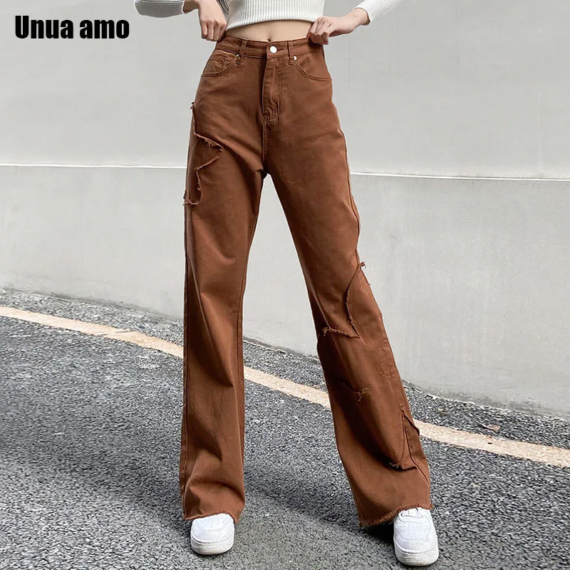 Unua amo Applique Frayed Patchwork Baggy Jeans Woman Casual Wild Cargo Denim Pants Female Streetwear Khaki Straight Trousers