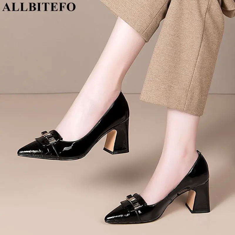 

ALLBITEFO size 34-42 Real Genuine Leather Bowtie Brand Fashion High Heels High Heel Shoes Party Women Heels Office Ladies Shoes