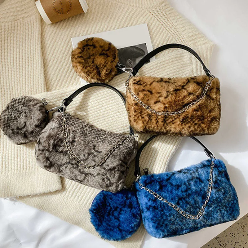 

Retro Snake Pattern Women Underarm Bags with Small Coin Purse Autumn Winter Fashion Plush Ladies Shoulder Handbags