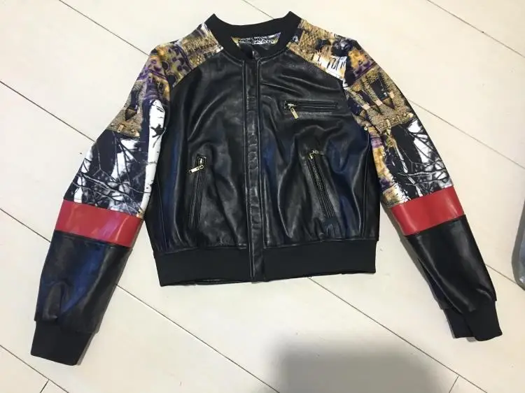 Куртка женская из натуральной кожи бейсбольная форма с принтом в стиле пэчворк