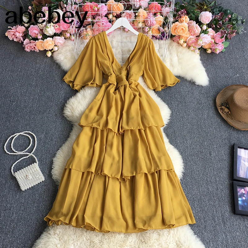

2021 New Summer Women Elegant V-neck flare sleeve Dress layer Ruffles patchwork high waist pleated solid long A-line Dress
