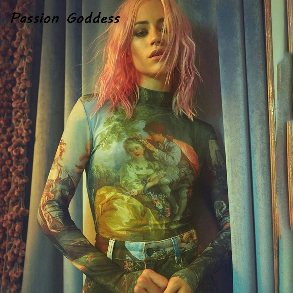 Женский костюм двойка с юбкой Облегающая рубашка в стиле ретро принтом ангела и