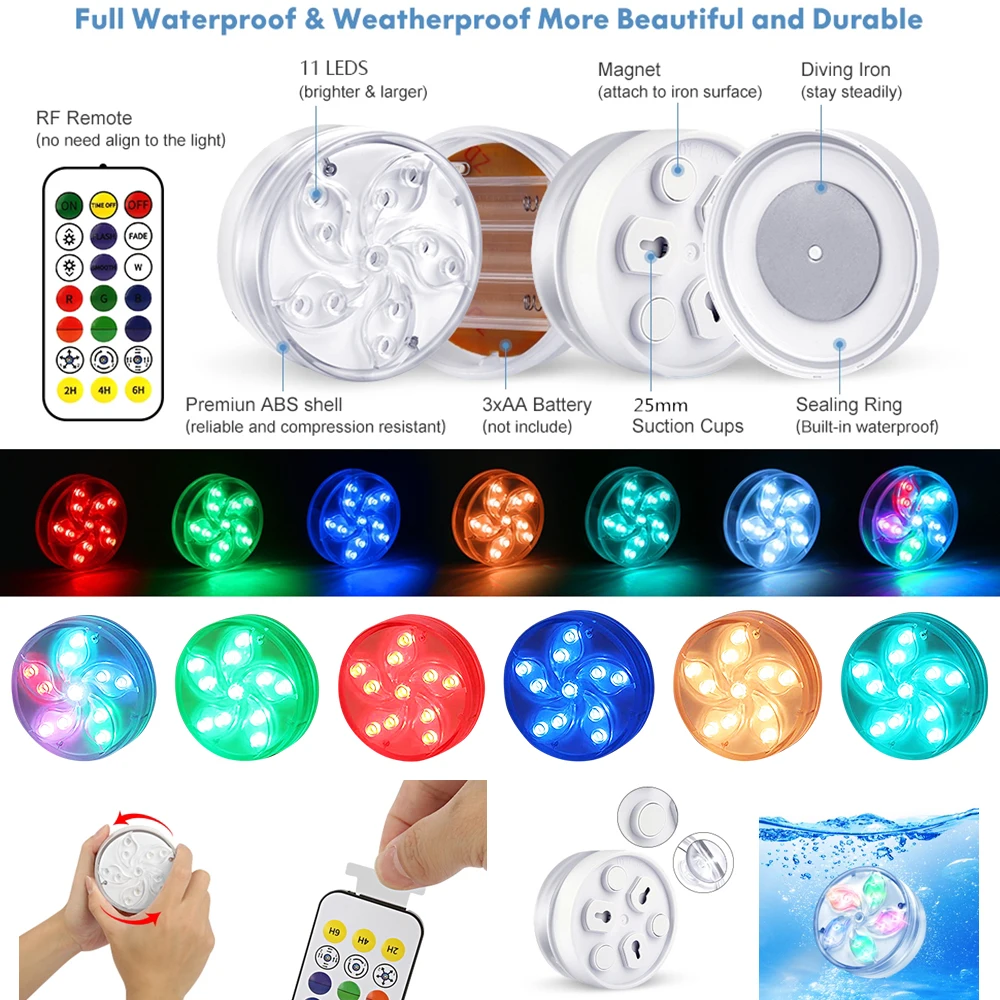 

Pool Decor Lighting Submersible LED Lights IP68 Underwater Lamp RF Remote Control Color Changing Underwater Lights for Aquarium