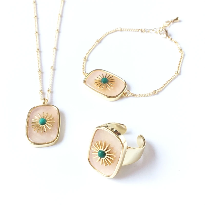 

FUWO Natural Auroral Quartz Jewelry Sets,Fashion Pink Semi Precious Stones Necklace Bracelet Ring Statement Gift For Women JS006