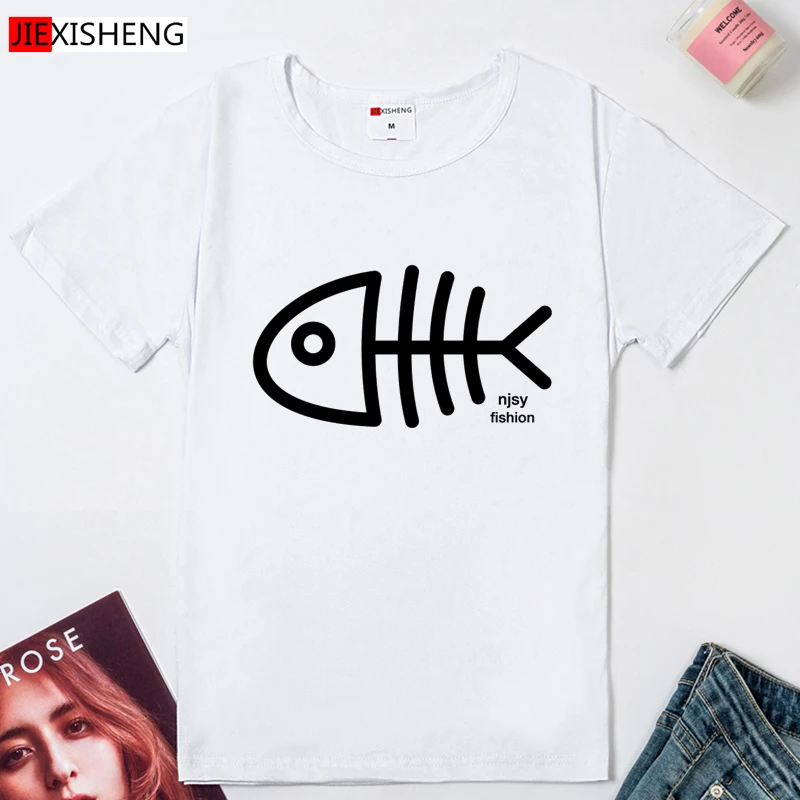 Женская хлопковая Футболка с рисунком рыбок и костей коротким рукавом|short sleeve|sleeve