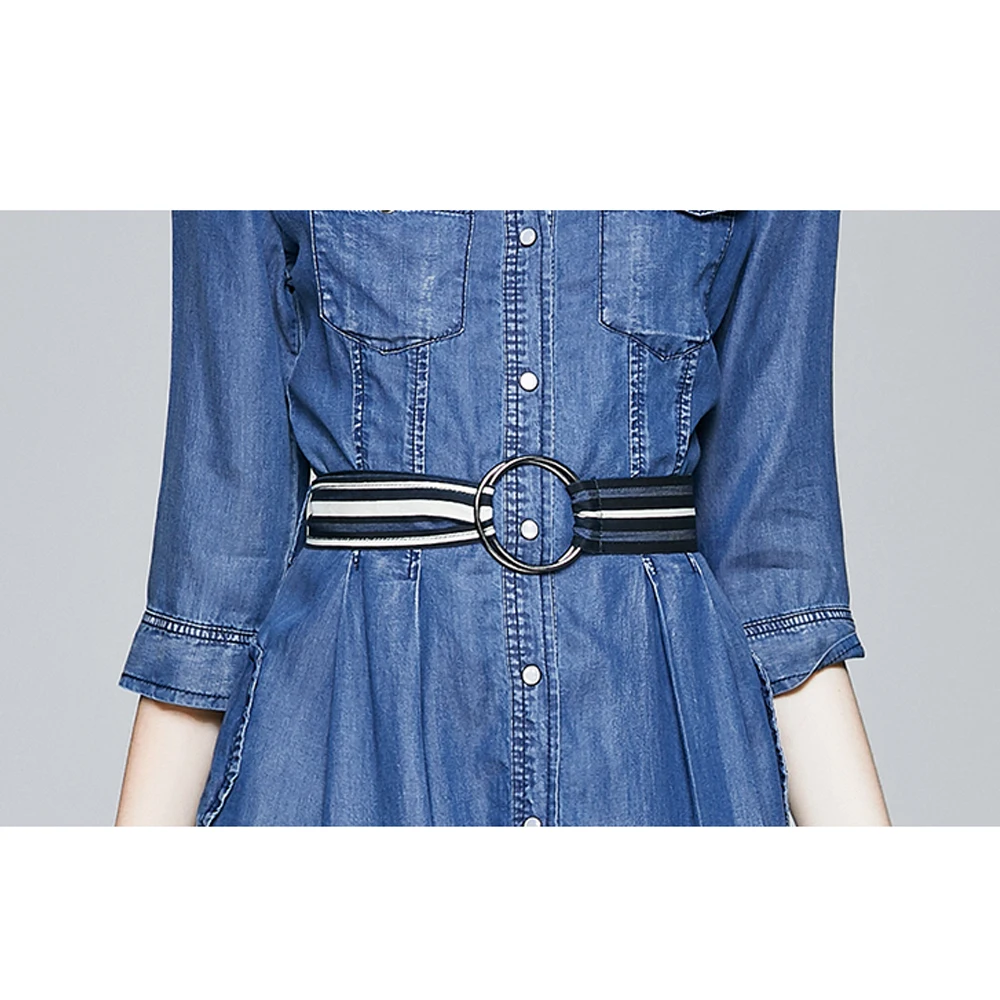 

Simgent 2021 Spring Jean Silk Patchwork Three Quarter Sleeve A Line Turn Down Collar Pockets Stripe Denim Blouse Dress SG12214