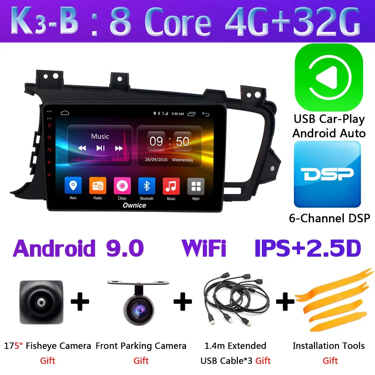 Панорамная камера 360 ° 4G LTE Android 9,0 4G+ 64G DSP CarPlay Автомобильный gps радио плеер для Kia K5 Optima 3 2011 2012 2013 - Цвет: K3-B-CarPlay