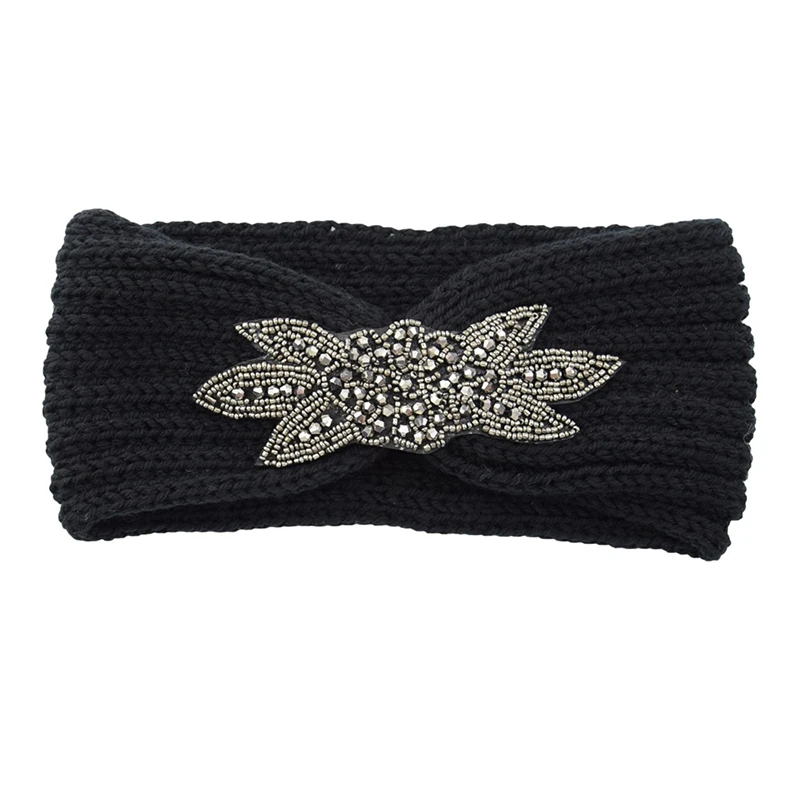 

Winter Knitted Headband Elegent Rhinestone Women Flower Twist Crochet Crystal Hair Band Head Wrap Ear Warmer Hair Accessories