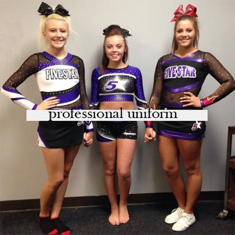 High quality Cheerleader Uniform Lycra Performance Sport outfit Flexiable Costume 5sets Pom pom Hairbow Custom