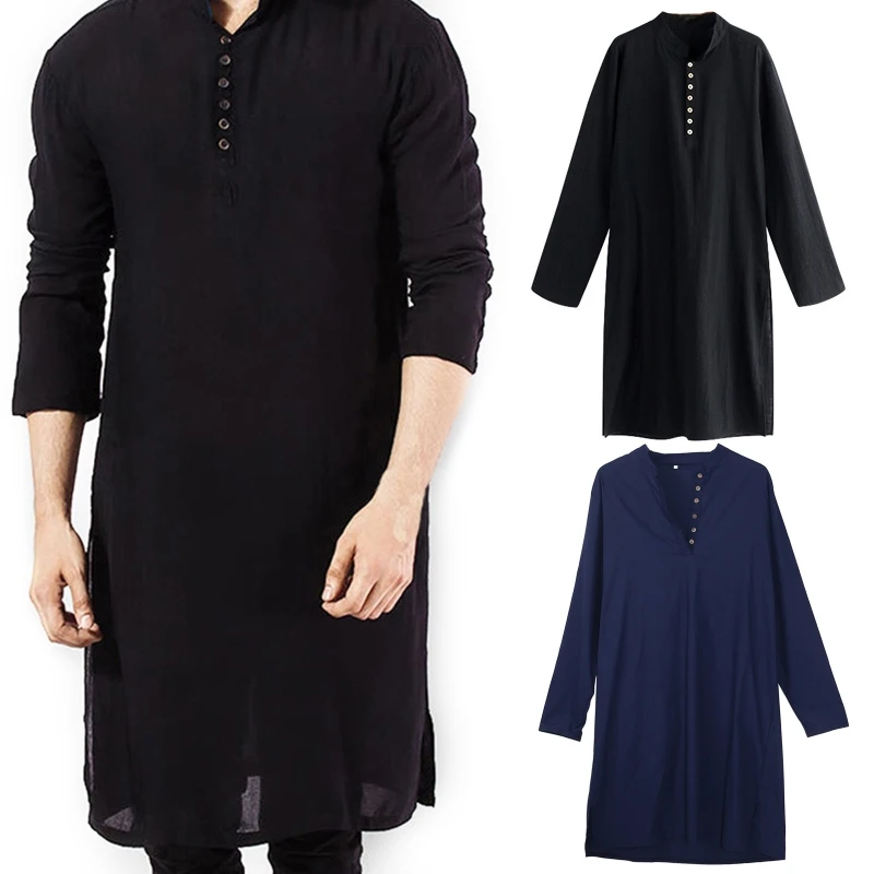 

Мужская мусульманская рубашка с длинным рукавом, на пуговицах, со стоячим воротником, Однотонная рубашка с разрезом сбоку, арабский халат, д...
