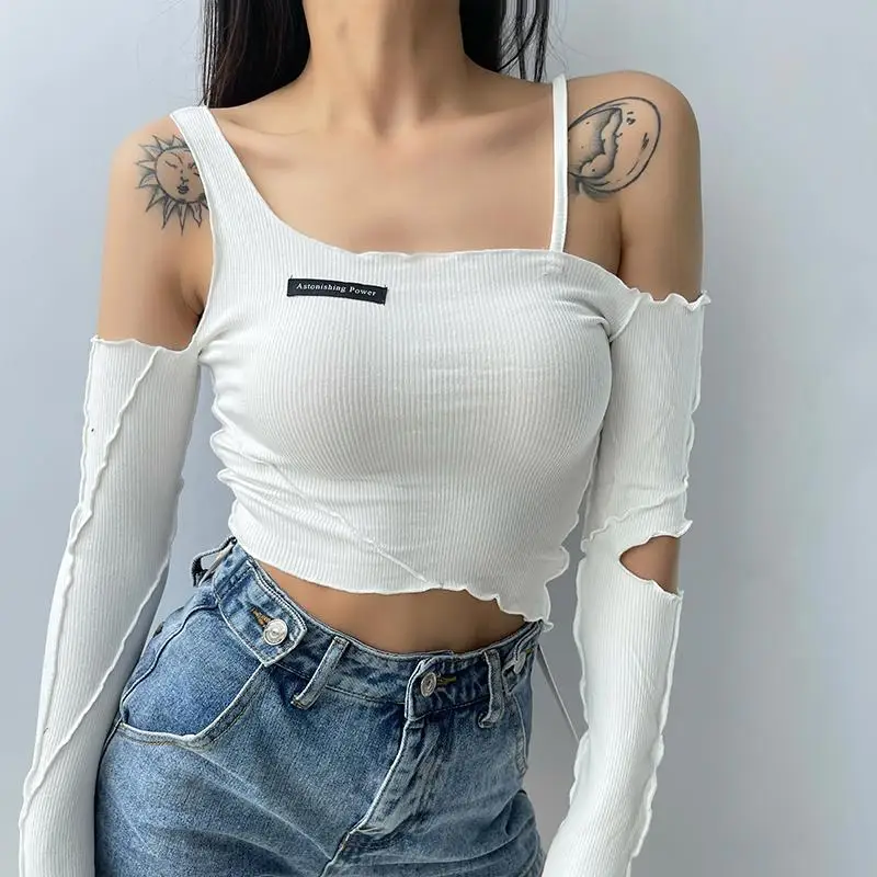 

Sexy Hollow Out Crop Top Women Off Shoulder Long Sleeve Tee Shirt Slim Skinny Ribbed Knitted T-shirt Irregular Streetwear 2022