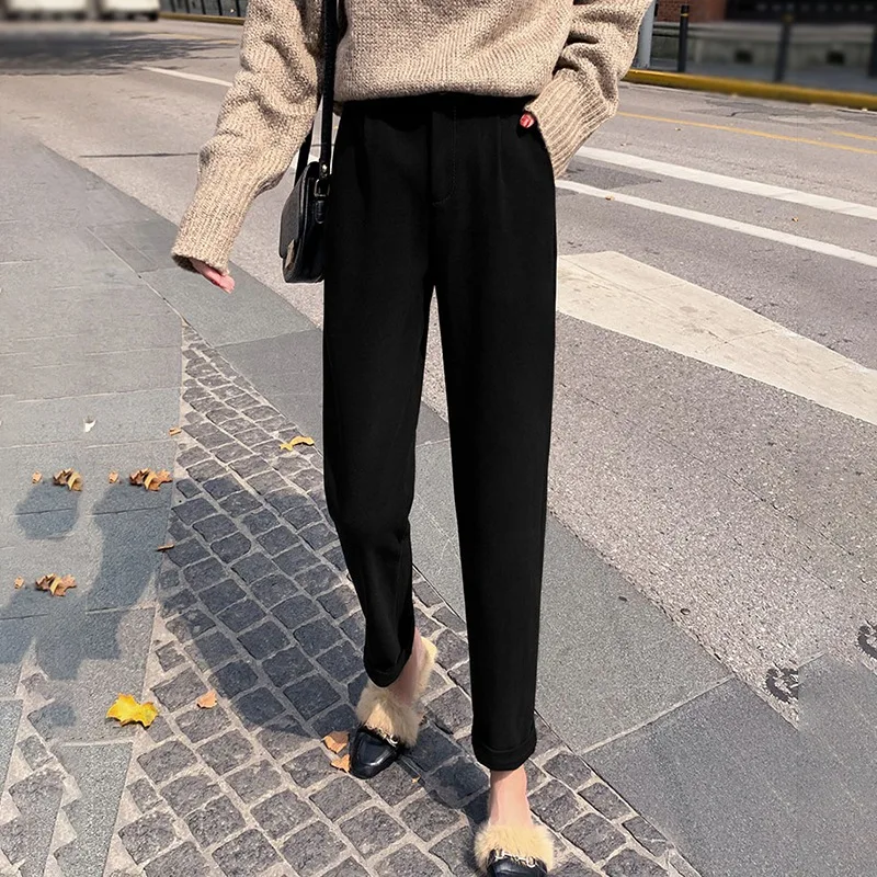 

2XL Autumn Winter Korean Style Retro Casual High Waist Slim Straight Nine-Point Harem Pants Women's Black Pants Cotton Plus Size