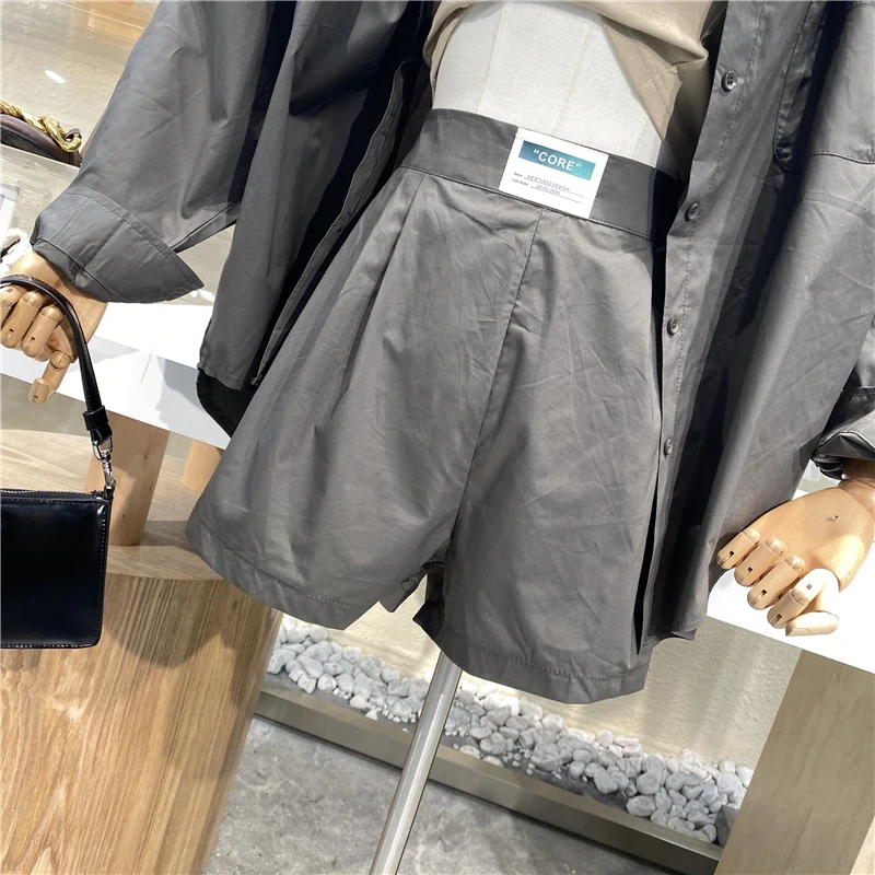 

2021 Summer New Long Sleeve Shirt High Waist Wide Leg Shorts Set Women Loose Casual Solid Color Short Two-Piece Set for Ladies