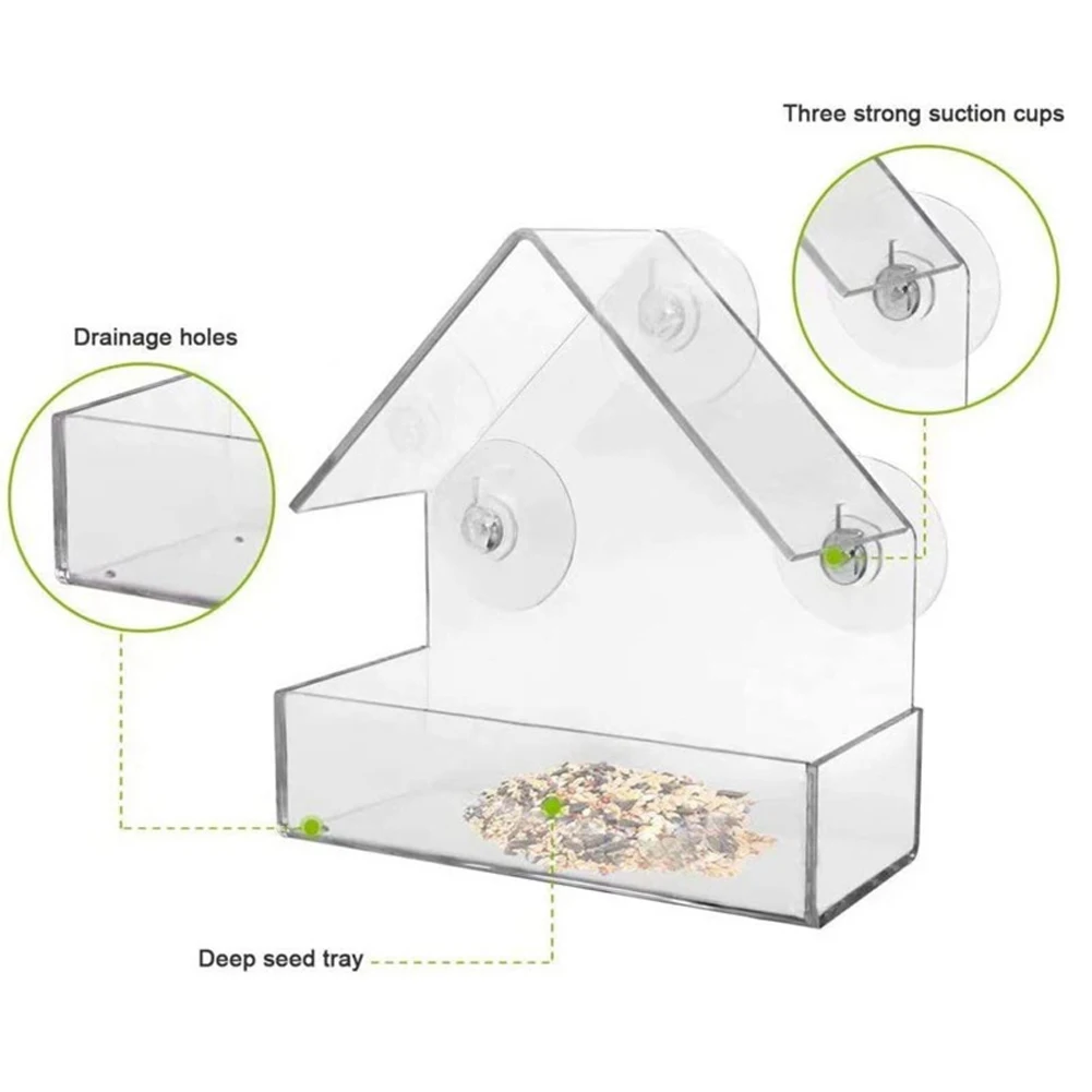 

Acrylic Transparent Birdhouse Bird Feeder Window Viewing Tray Pet Water Feeder Suction Cup Mount House Type Feeder