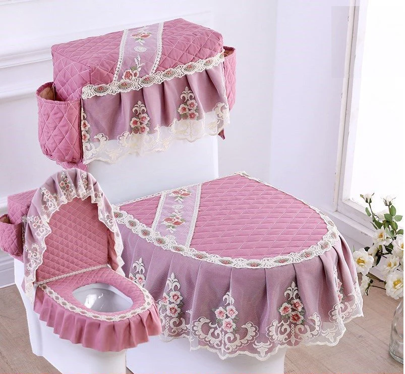 

3pcs Toilet Seat Cover Washable Embroidery Toilet Cover Tank Cover With Storage Bags Printed Lace Bathroom Toilet Cover