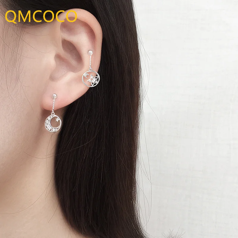 

QMCOCO 925 Серебро Звезда Луна асимметричные серьги для женщин девушек минималистичные модные темпераментные серьги ювелирные изделия аксессу...