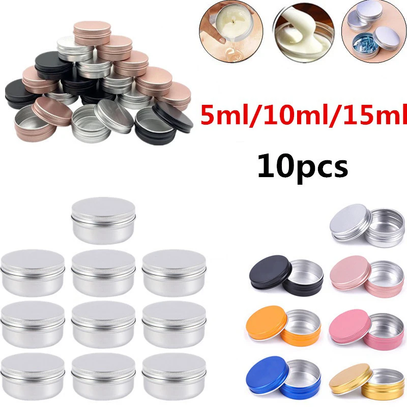 

10pcs Empty Refillable Bottles Aluminum Round Tin Cans Box Candle Cream Jar Pot Case Screw Thread Lid Cosmetic Storage 5/10/15ML