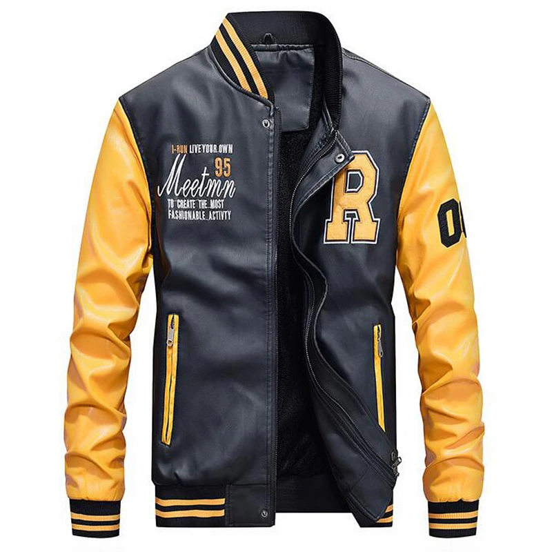 Brand Embroidery Baseball Jackets Men Stand Moto Biker Leather Jacket Men Casual Fleece Thicken Faux Leather Coat M-4XL images - 6