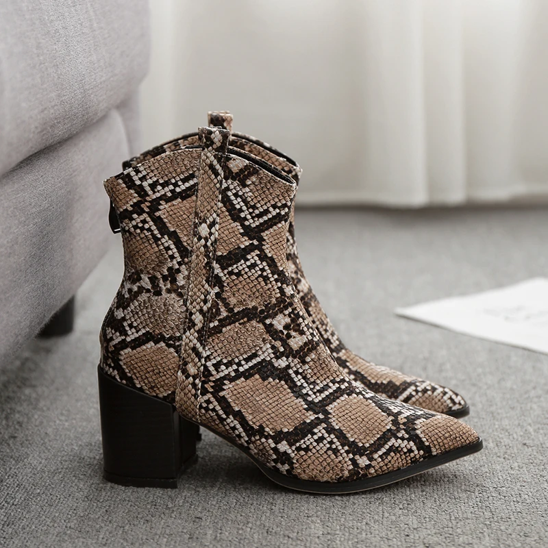 

Sexy Plus Size 35-42 Pointed Toe Snake Print Women's Ankle Boots Back Zipper High Heels PU Leather Women's Shoes Bottes Femme