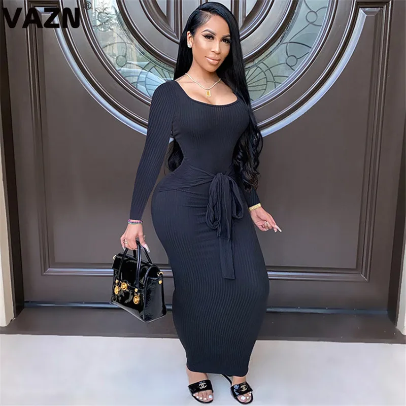 Женское платье с длинным рукавом VAZN однотонное винтажное круглым вырезом