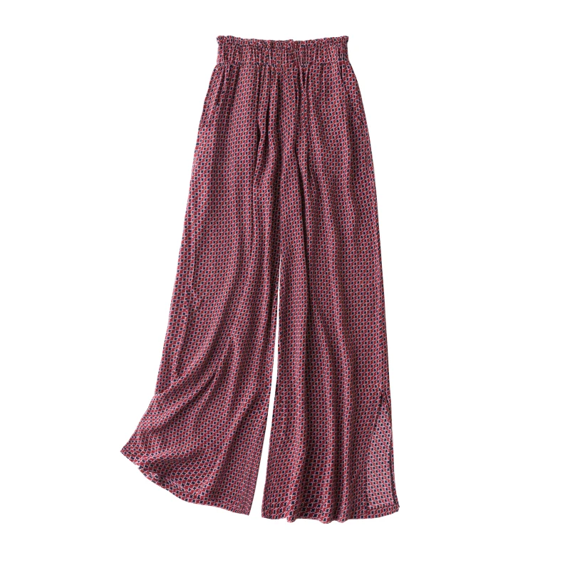 

Women's 100% Pure Silk Thin Loose Type fashion Long Pants Trousers Pocket Dark red Swallow gird L1142