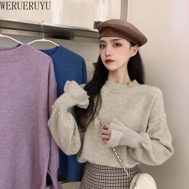 

WERUERUYU 2020 New Autumn and Winter Women's Lotus Leaf Long Sleeve Loose Sweater Sexy Solid Color Knitted Top