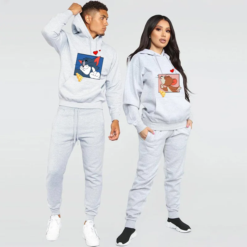 

Спортивный костюм для мужчин и женщин, толстовка с капюшоном и штаны, с принтом том кота, Джерри и мышь, комплект из 2 предметов