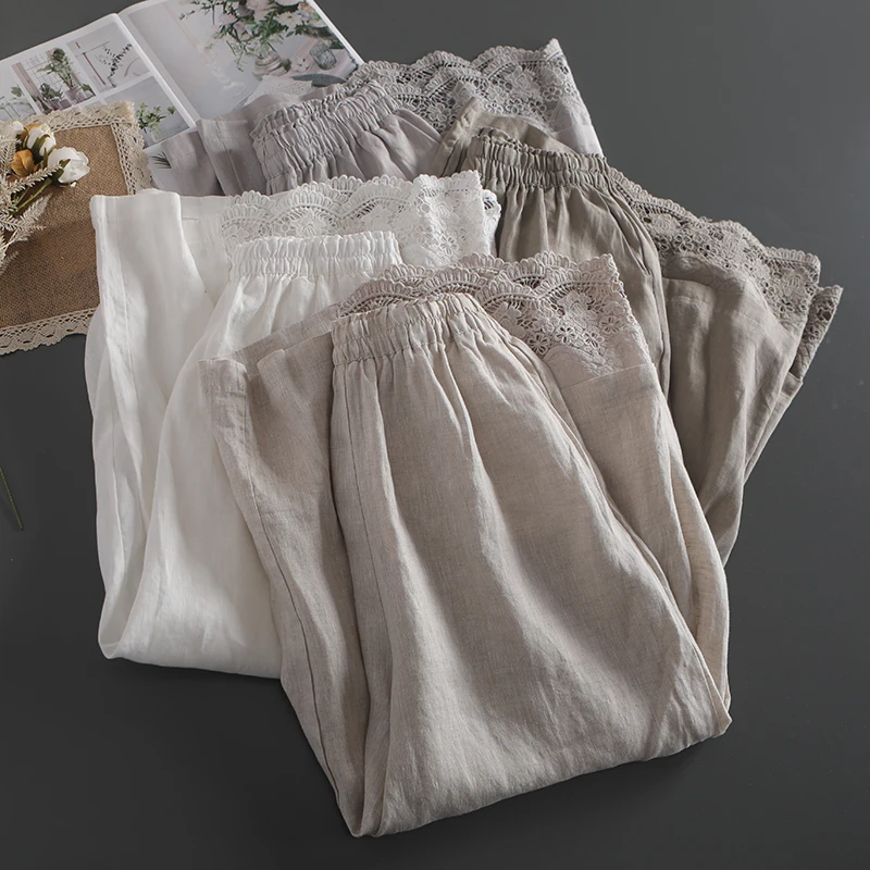 

Summer Women Cropped Trousers Mori Girl Elastic Waist Embroidery Cotton and linen Wide-leg Pants