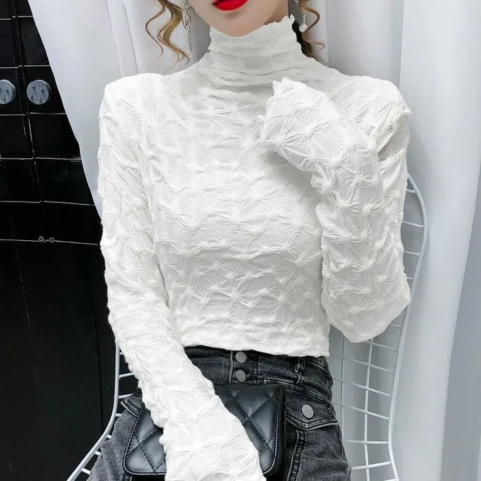 

Qooth Spring Turtleneck Long Sleeve T Shirt Women Tops Blue Fashion T-shirts Knitted Top Tee Shirt Basic QT501
