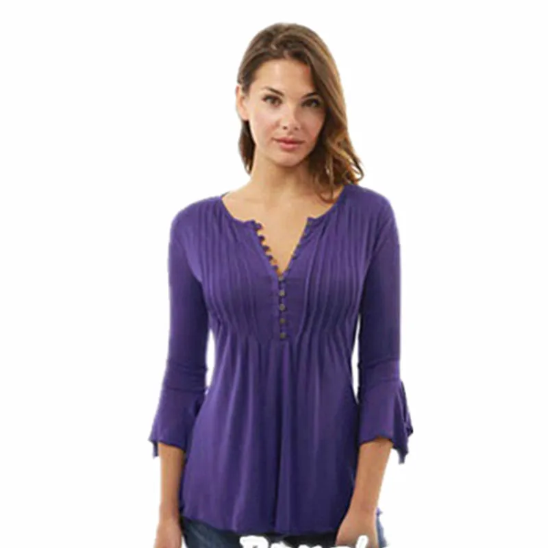 

sexy 2020 Europe style autumn sexy solid v-neck woman t-shirt sheath slim hot female three quarter button flaresleeve t-shirt