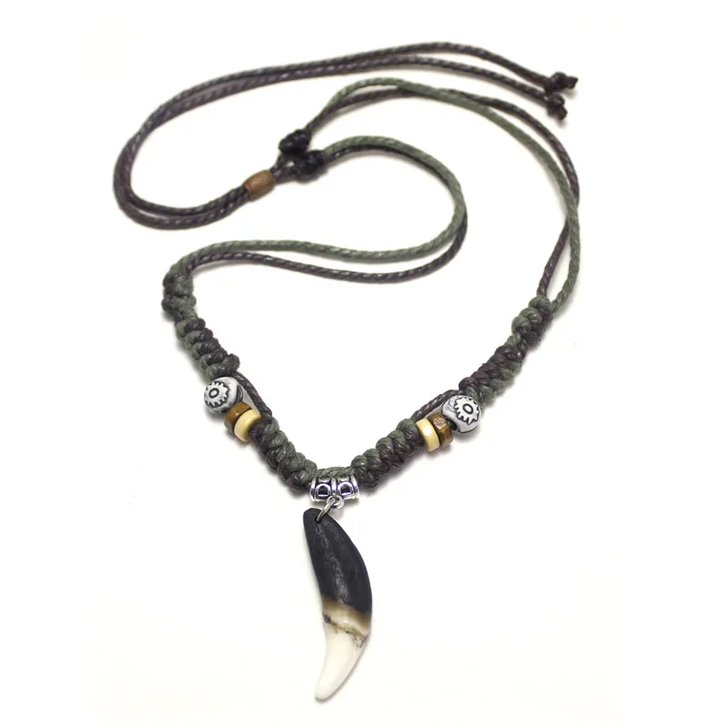 Мужские колье подвеска с волчьим зубом Зеленый &amp кофе веревка реальные зуб