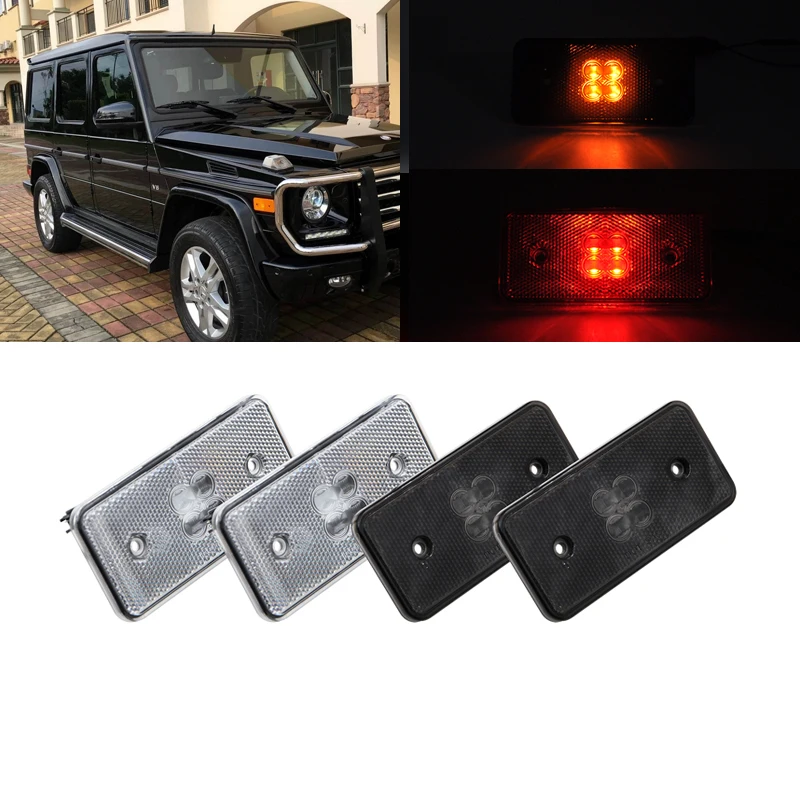 

4PCs Front Amber Rear Red Led Side Marker Lights For Benz W463 G500 G550 G55 AMG G63 AMG 2002-2014 (Clear Smoked Lens)