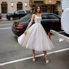 Женское вечернее платье до середины икры, ТРАПЕЦИЕВИДНОЕ ПЛАТЬЕ из блестящего тюля на тонких бретельках, расширяющееся книзу, для выпускного вечера