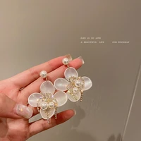 925 silver needle korea sweet exaggeration pearl inlaid diamond acrylic duo earrings super fairy light luxury