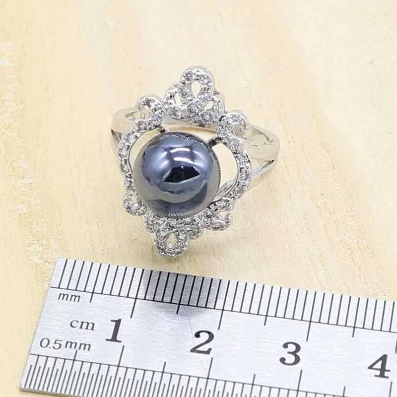 Серебряная бижутерия для невесты черный жемчуг набор украшений женщин кольцо