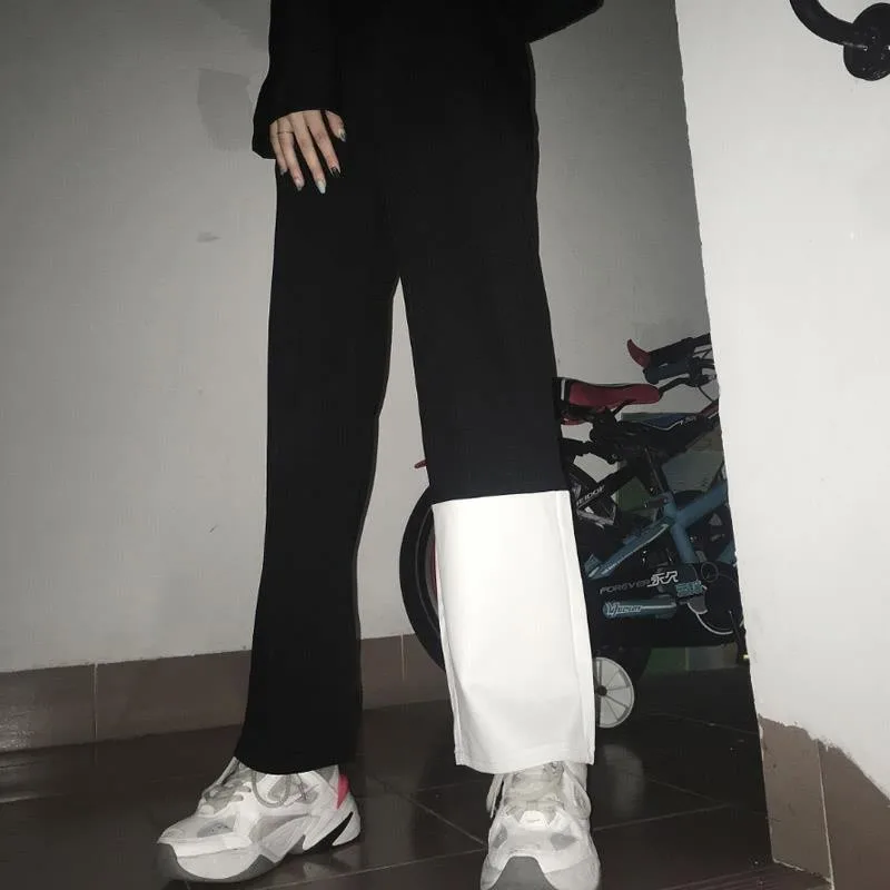 Harajuku черный белый цвет контрастные штаны пэчворк женские длинные брюки с высокой