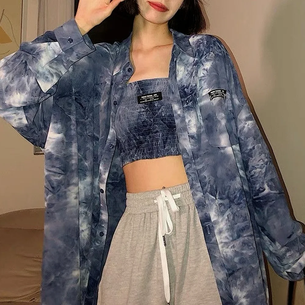 

Blue Tie Dye Long Sleeved Shirts Women Sunscreen Jacket 2021 Autumn Loose Vintage Blouses Female Korean Harajuku Long Tops Pink