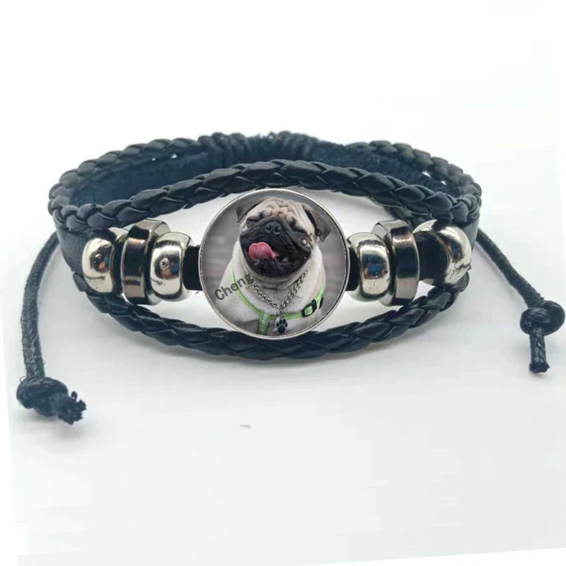 Кожаный браслет со стеклянным куполом ювелирный Мопс с изображением собаки