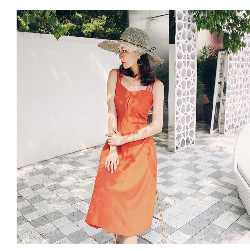 

Vintage Casual Sundress Female Beach Dress Button Backless Women Dress Summer 2020 on vacation Sexy Medium and long term Dress