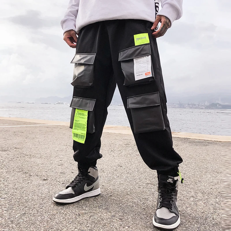 Хип Хоп Уличная Мужская Черная мульти карман бегунов Брюки Модные мужские брюки