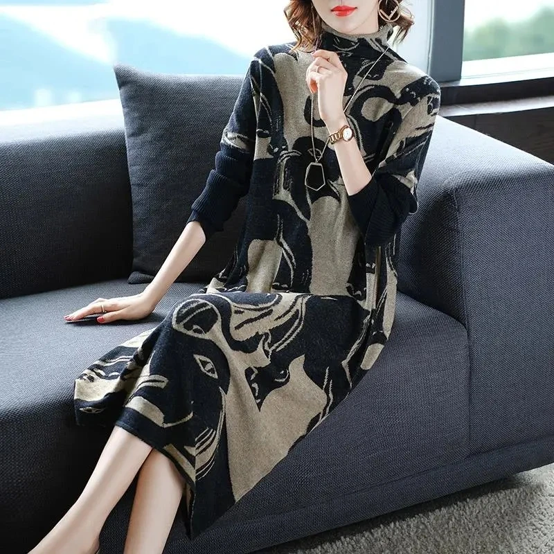 Шерстяное вязаное платье женское Повседневное до колен с высоким воротником