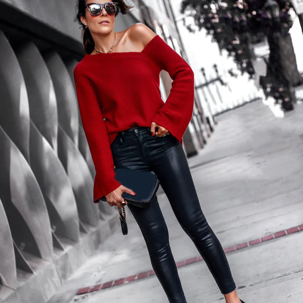 Женский Осенний вязаный свитер с широкими расклешенными рукавами однотонные