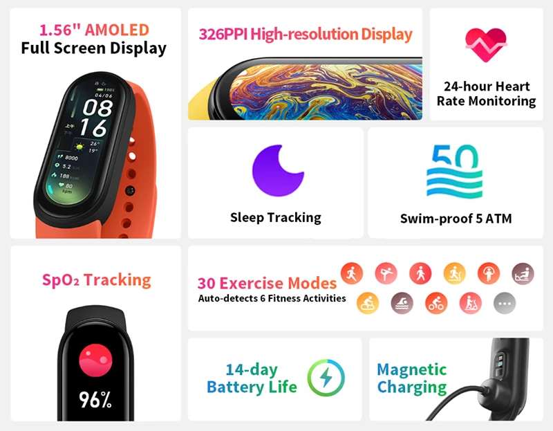 Оригинальный спортивный браслет Xiaomi Mi Band 6 фитнес трекер с пульсометром Bluetooth