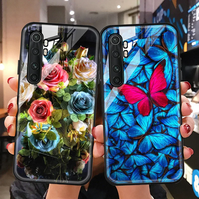 

Xiaomi Mi Note 10 Lite Case For Xiaomi Mi 11 Ultra 10T Pro 9T 9 Lite 8 SE Mi11 Cases Luxury Tempered Glass Flower Funda Covers