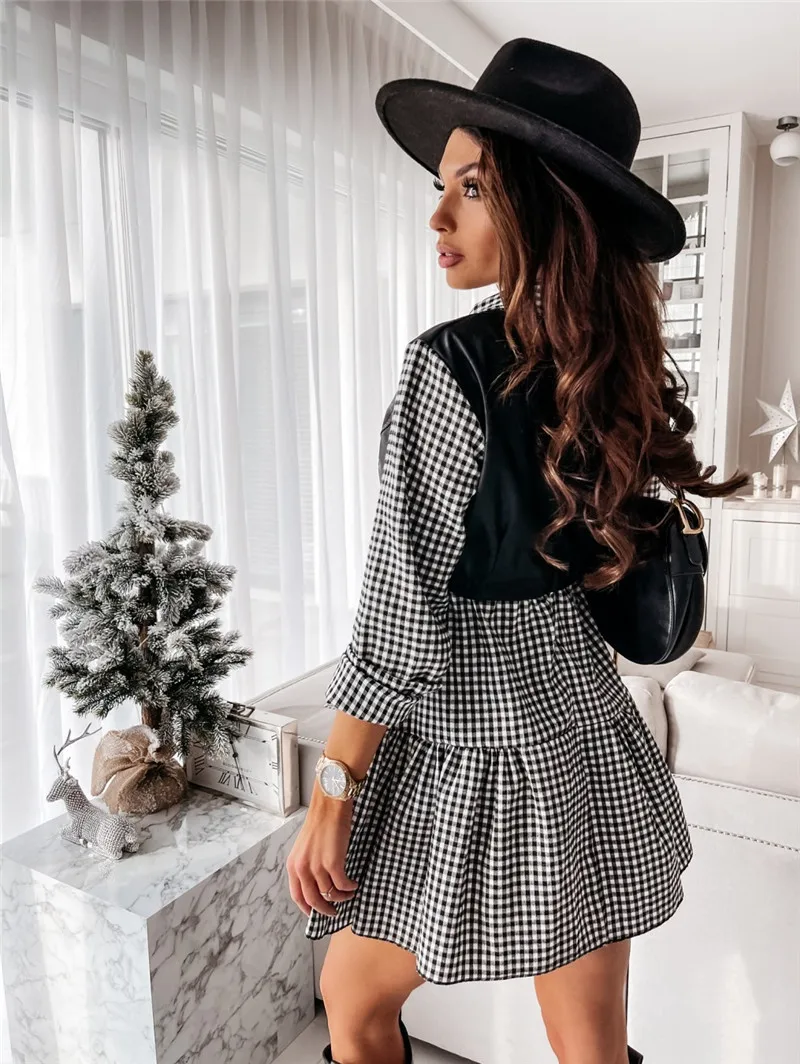 

Pu Leather Patchwork Shirt Dress Party A-line Long Sleeve 2021 Plaid Chic Mini Dress Casual Ladies Clothing
