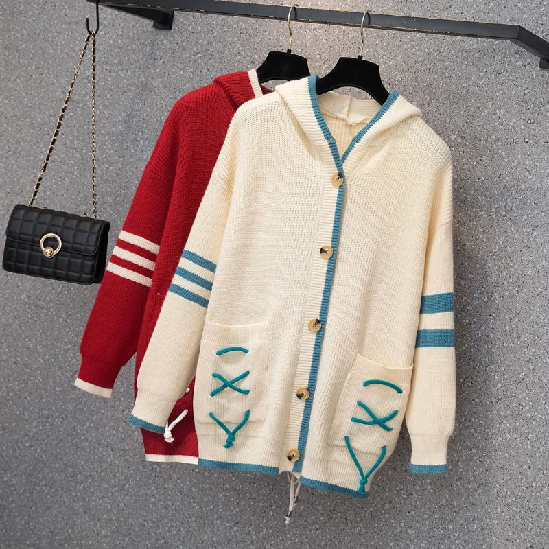

2021 Autumn Winter Loose-fitting Single Breasted Lace-up Pockets Hooded Oversized Cardigan Sweater Women 4xl Plus Size