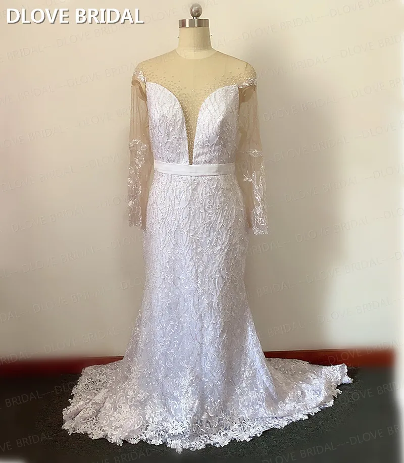 Stunning Silver Beaded Mermaid Wedding Dress Deep V Neck Sparkling Bridal Gown Plus Size Leaf Lace Vestido De Noiva Real Photos